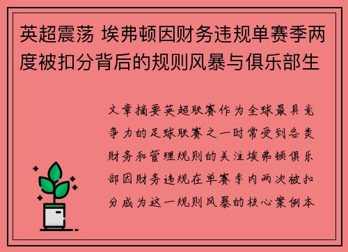 英超震荡 埃弗顿因财务违规单赛季两度被扣分背后的规则风暴与俱乐部生存考验